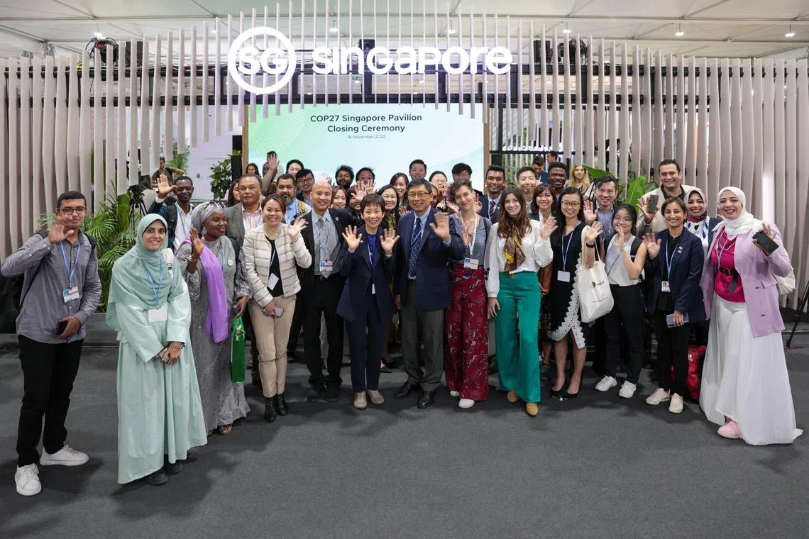 ctngrace19 - Minister for Sustainability and the Environment Grace Fu posing for a photograph in front of Singapore's pavilion at COP27 together with Singaporean youths, NGOs and corporates.

pix by: Samuel Ruby