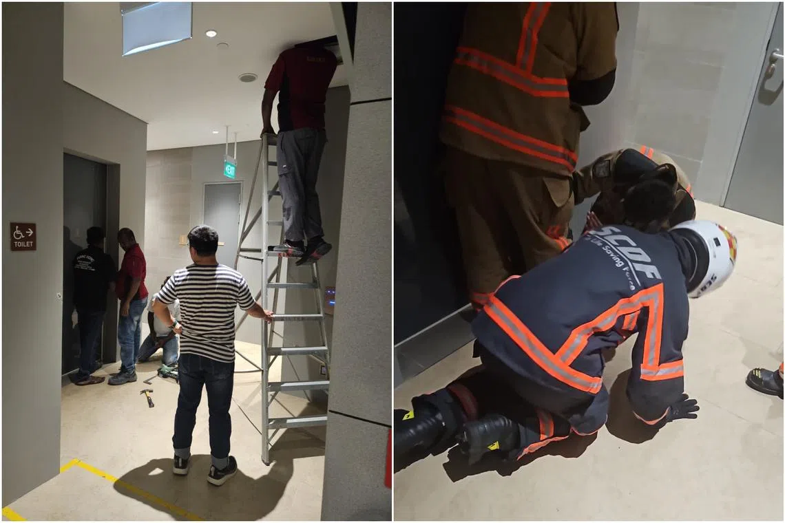 Employees of an external vendor that was doing rectification work on the door tried to get it to open, but had to get help from SCDF officers in the end.