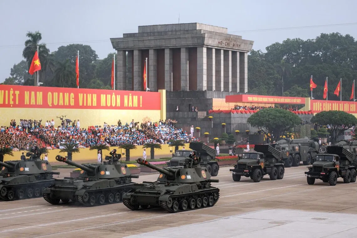 Russian-made howitzers and rocket launchers on parade during the celebration of Vietnam’s 80th National Day in Hanoi, Vietnam on, Sept. 10, 2025. 
