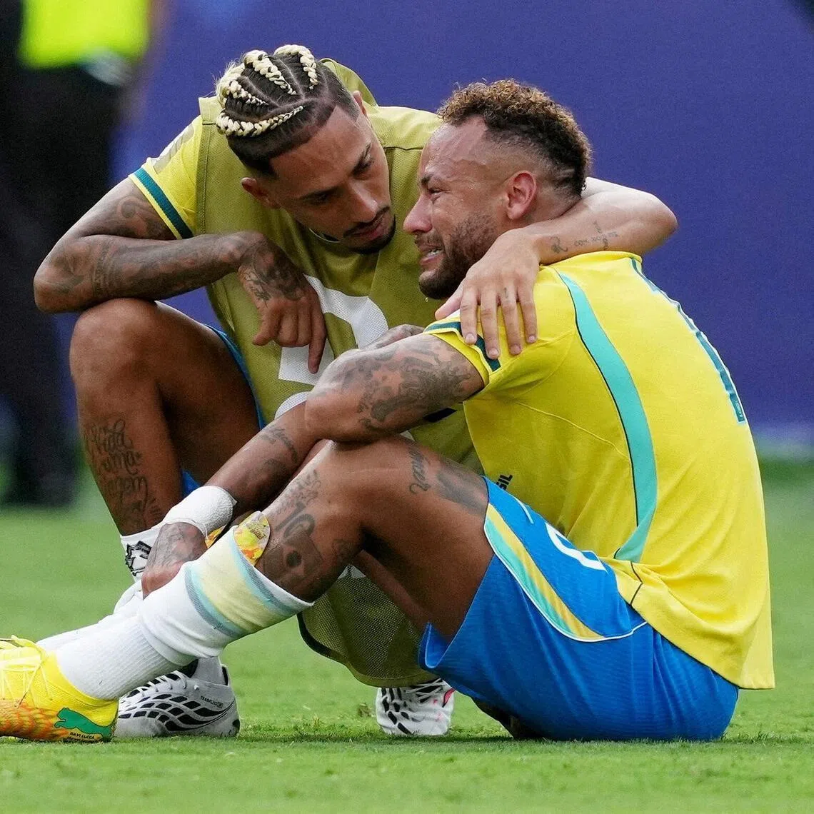 Raphinha (left) consoling Neymar after Brazil’s World Cup last-16 exit, following a 2-1 loss to Norway at MetLife Stadium in East Rutherford, New Jersey, on July 5, 2026.