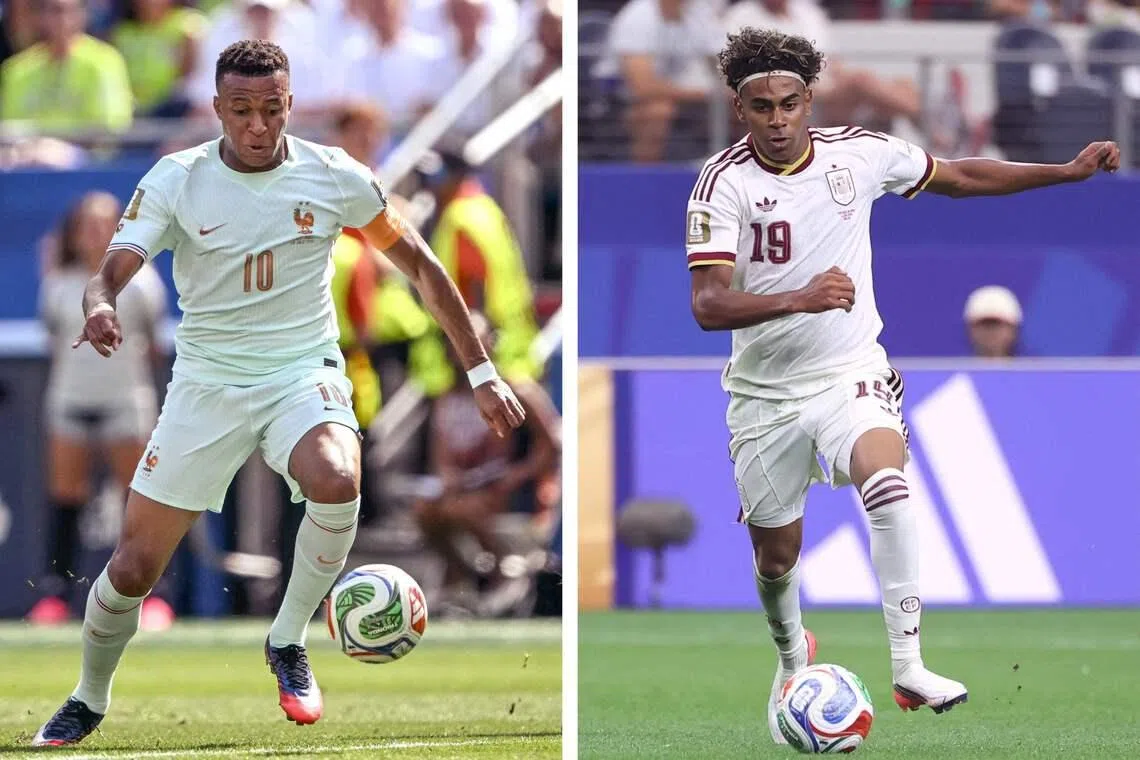 (COMBO) This combination of files photos created on July 12, 2026, shows France's forward #10 Kylian Mbappe in Foxborough on July 9, 2026 (L); and Spain's forward #19 Lamine Yamal in Arlington on July 6, 2026. France and Spain will meet in a 2026 World Cup semi-finall football match at the Dallas Stadium in Arlington on July 14, 2026. (Photo by Mauro PIMENTEL and Thomas COEX / AFP)