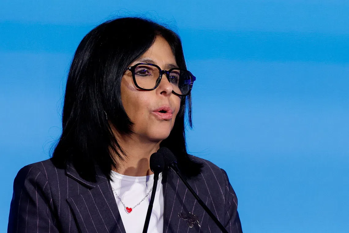Venezuela's interim President Delcy Rodriguez speaks during the World Food Forum at the Food and Agriculture Organization (FAO) headquarters in Rome, Italy, October 12, 2026. REUTERS/Remo Casilli