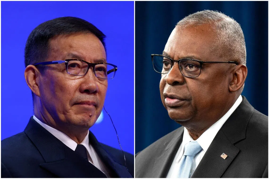 Chinese Defense Minister Dong Jun (left) declined a meeting request by US Defence Secretary Lloyd Austin.
