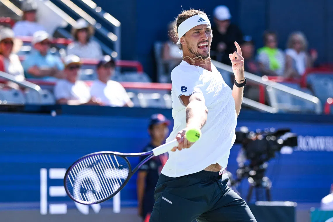 Aug 5, 2026; Montreal, QC, Canada; Alexander Zverev (GER) returns the ball to Tallon Griekspoor (NED) in second round play at IGA Stadium. Mandatory Credit: David Kirouac-Imagn Images