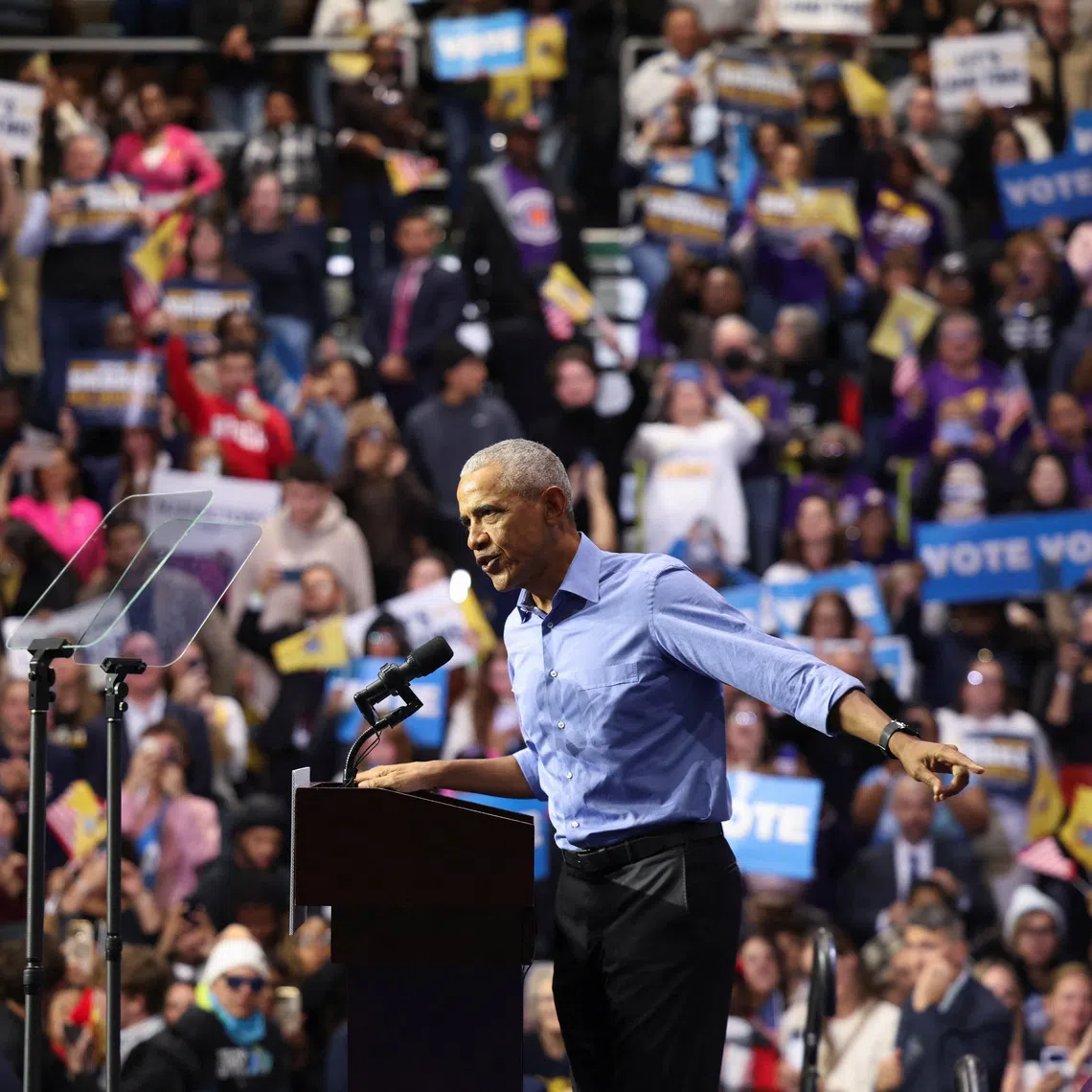 Former U.S. President Barack Obama points as he speaks during a campaign rally held by Democratic candidate for New Jersey Governor Mikie Sherrill in Newark, New Jersey, U.S., November 1, 2025. REUTERS/Kylie Cooper
