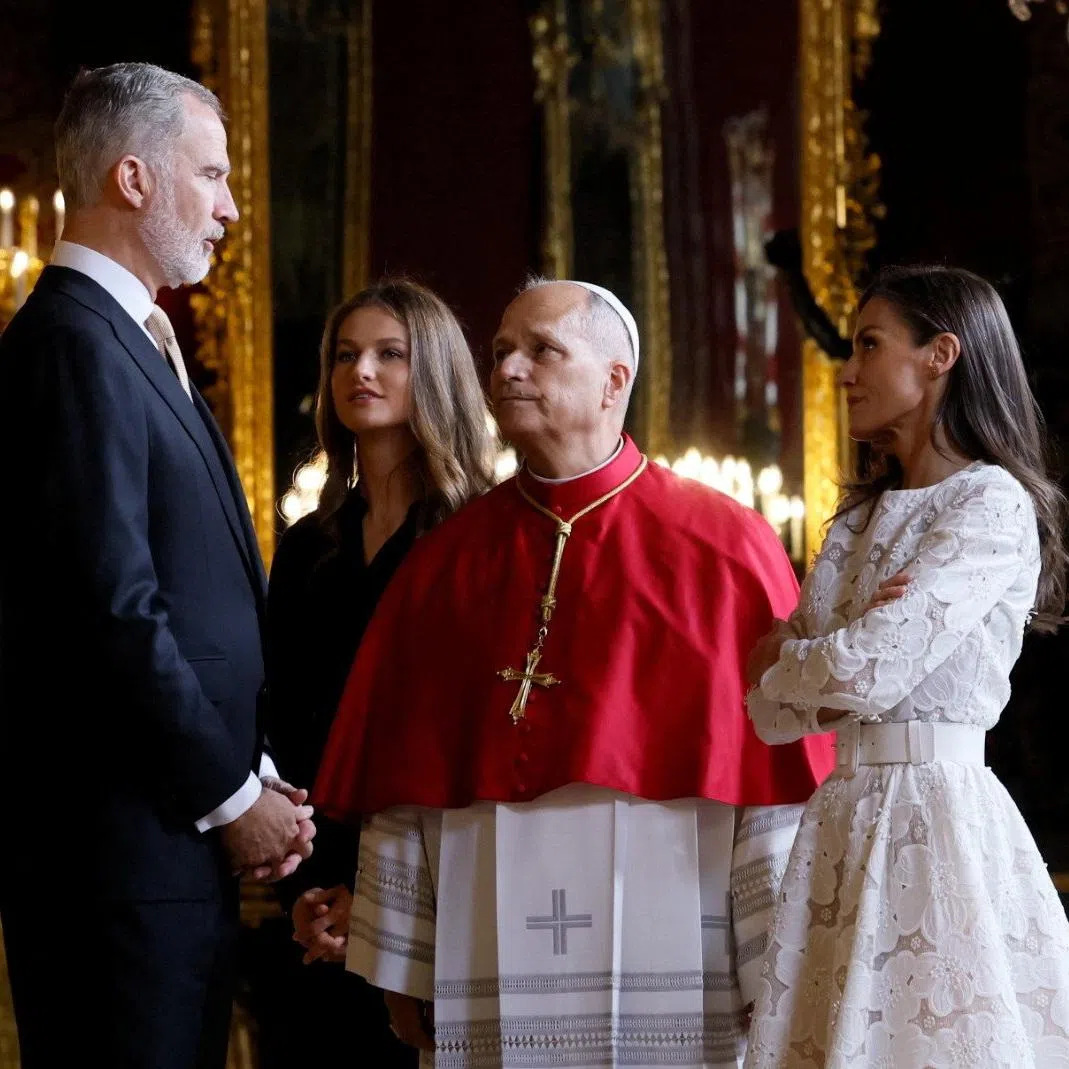 Spain's Felipe VI and Queen Letizia welcoming Pope Leo at the royal palace in Madrid on June 6.