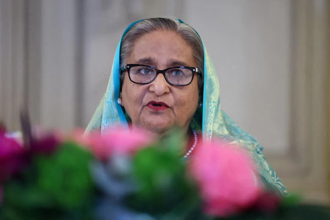 FILE PHOTO: Bangladeshi Prime Minister Sheikh Hasina speaks during the annual Munich Security Conference, in Munich, Germany February 17, 2024. REUTERS/Wolfgang Rattay/File Photo