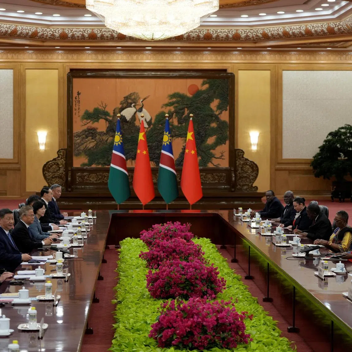 Chinese President Xi Jinping, and Namibian President Netumbo Nandi-Ndaitwah, hold talks at the Great Hall of the People in Beijing, Friday, July 10, 2026.      Ng Han Guan/Pool via REUTERS