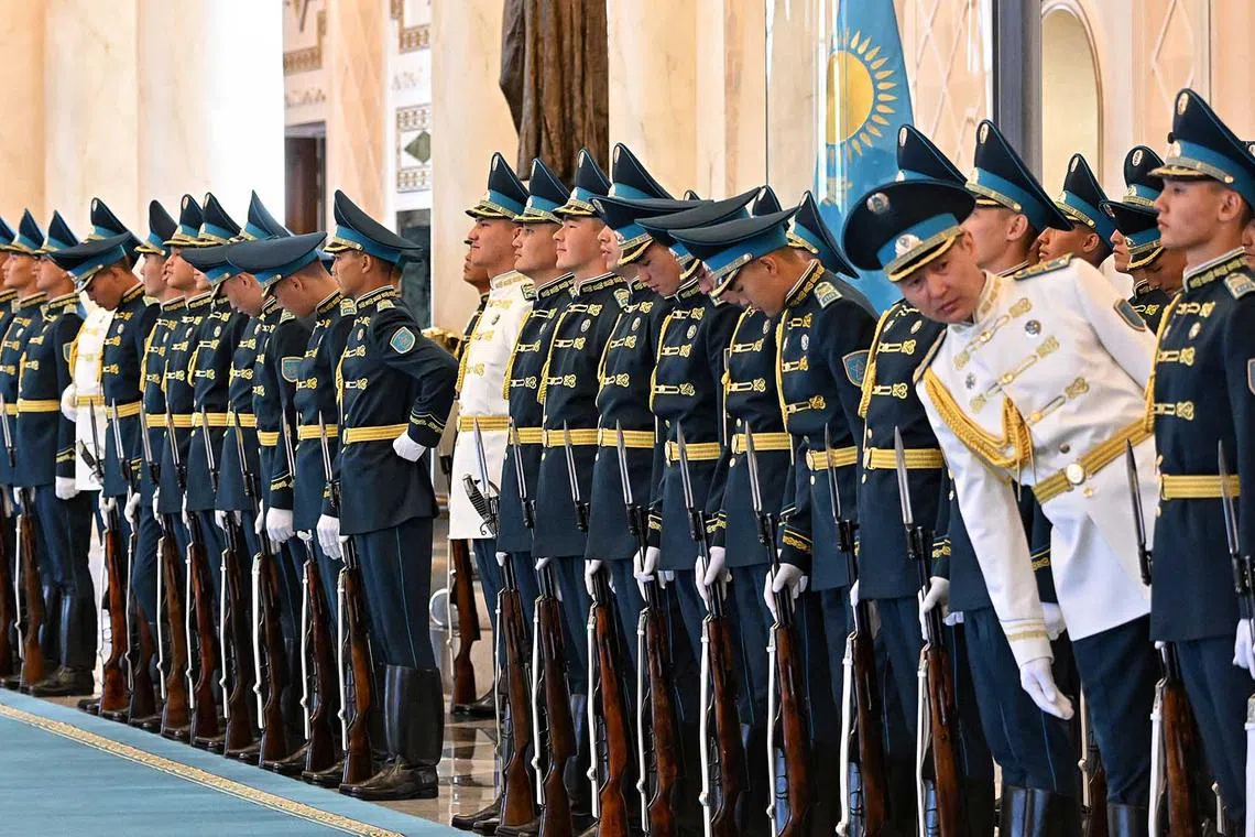 The guards checking their bearing before the arrival of President Halimah Yacob at the Akorda Palacd on May 22, 2023. President Halimah Yacob's state visit to Astana, Kazakhstan.