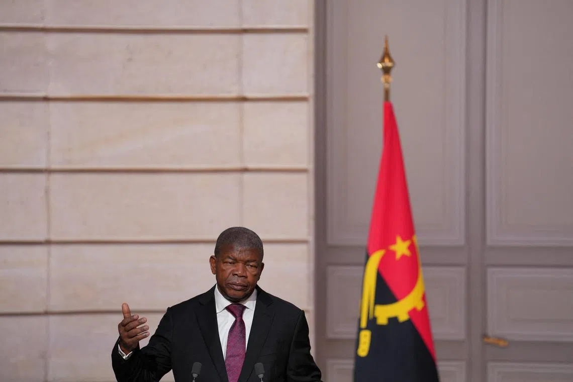 FILE PHOTO: Angola's President Joao Lourenco gestures during a joint press conference with French President Emmanuel Macron at the Elysee Palace, in Paris, France January 16, 2025.  Aurelien Morissard/Pool via REUTERS/File photo