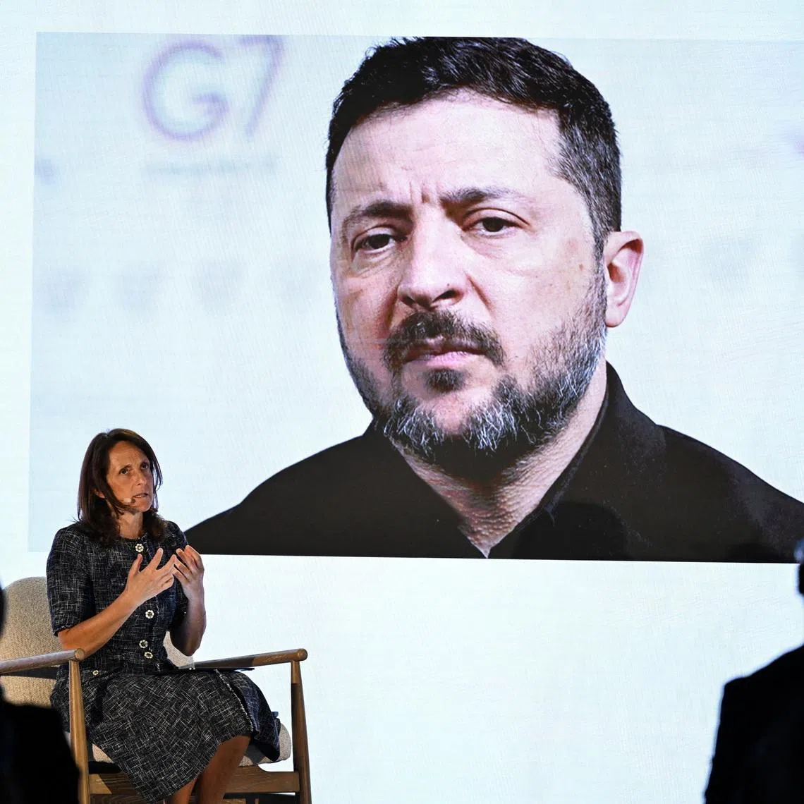 Alessandra Galloni, Reuters Editor-in-Chief, interviews Volodymyr Zelenskiy, Ukraine's President, during the Reuters NEXT Europe summit, bringing together global leaders on policy, markets and industry to address key global challenges, in London, Britain, June 16, 2026. REUTERS/Chris J. Ratcliffe