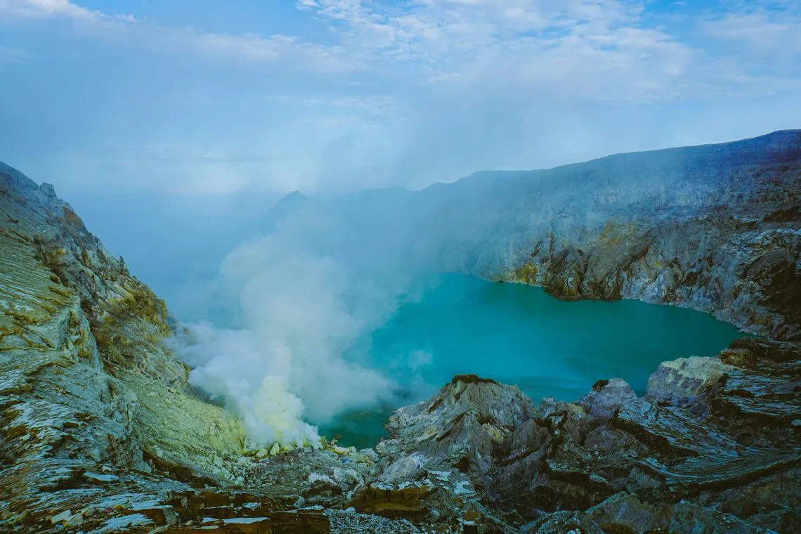 The Ijen is well-known for its “blue fire”, which is in fact blue light emitted from the combustion of sulfuric gases.
