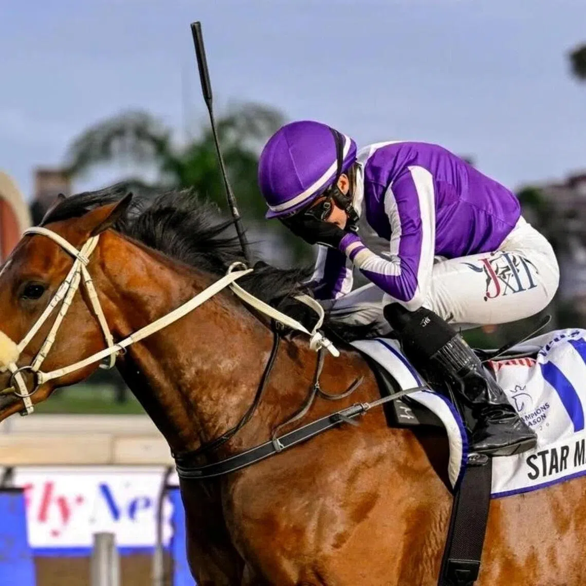 Jockey Mickaelle Michel covering her face in disbelief after Star Major crossed the line first to give the French rider her maiden Grade 1 win in the Daily News 2000 (2,000m) on May 30. 


