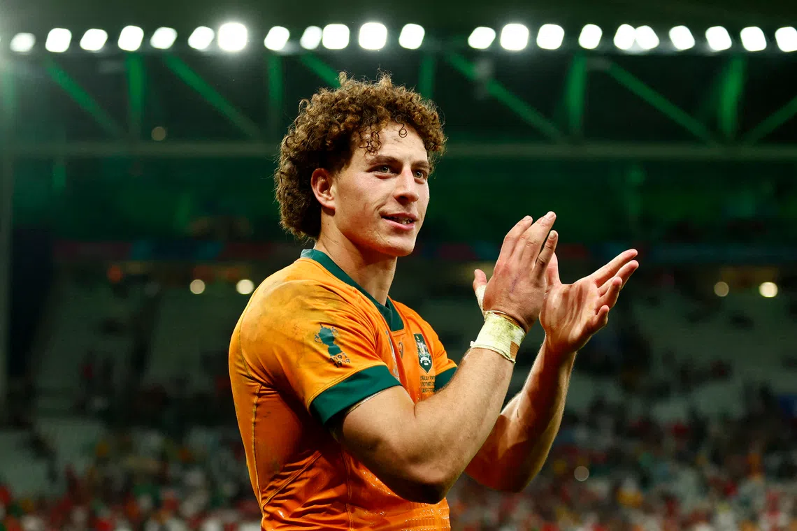 Rugby Union - Rugby World Cup 2023 - Pool C - Australia v Portugal - Stade Geoffroy-Guichard, Saint-Etienne, France - October 1, 2023  Australia's Mark Nawaqanitawase celebrates after the match REUTERS/Gonzalo Fuentes/File Photo