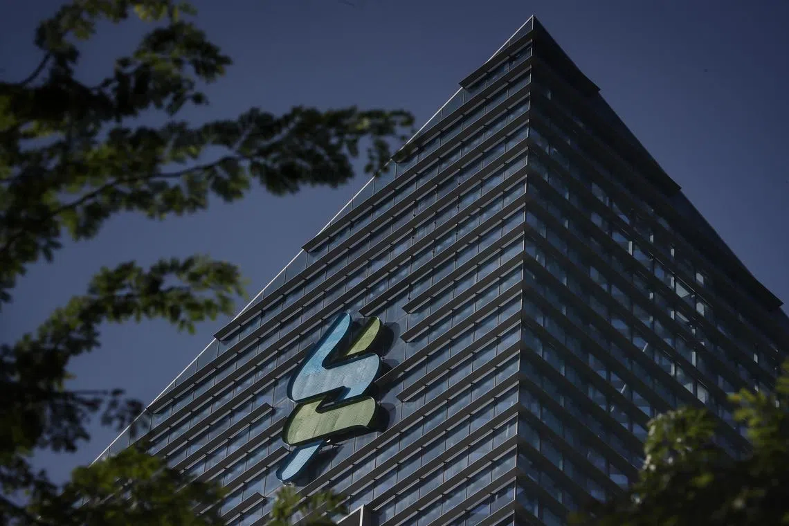 Logo of Standard Chartered bank at Marina Bay Financial Centre, taken 2 Sept 2020.