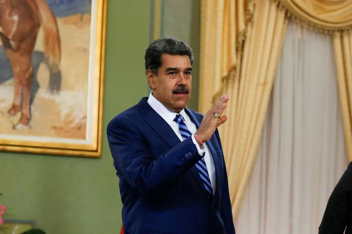 FILE PHOTO: Venezuela's President Nicolas Maduro gestures during a meeting with Chile's Ambassador to Venezuela Jaime Gazmuri, at Miraflores Palace, in Caracas, Venezuela August 16, 2023. REUTERS/Leonardo Fernandez Viloria/File Photo