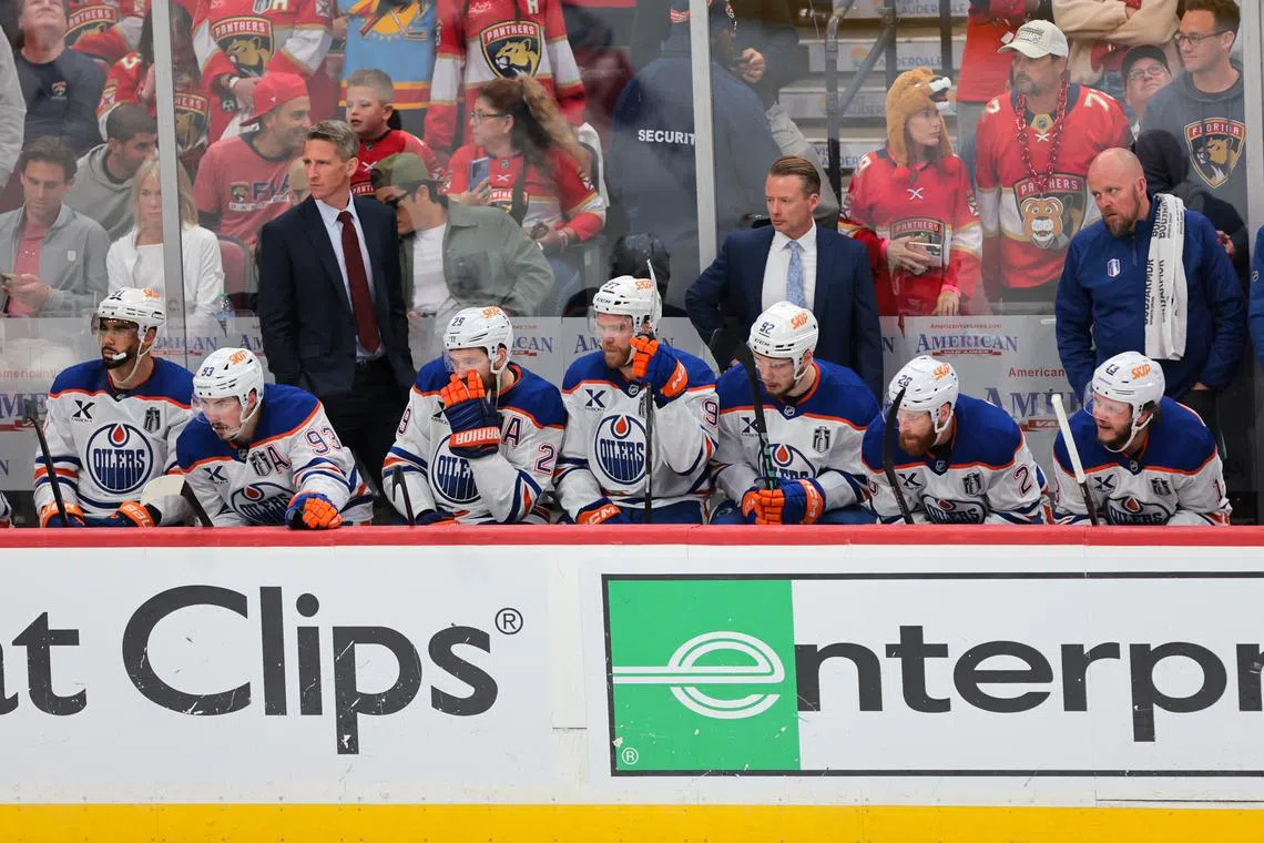 Jun 17, 2025; Sunrise, Florida, USA; The Edmonton Oilers look on from the bench in the final minutes of game six of the 2025 Stanley Cup Final against the Florida Panthers at Amerant Bank Arena. Mandatory Credit: Sam Navarro-Imagn Images