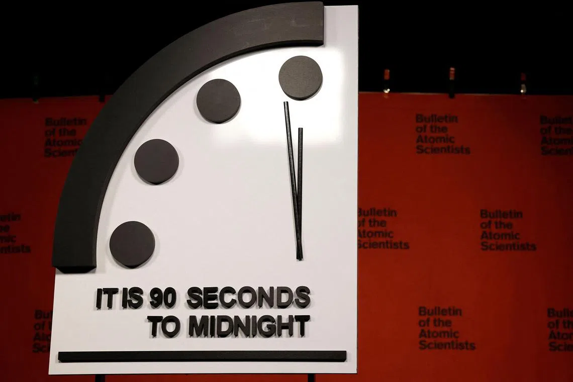 The 2023 Doomsday Clock is displayed before of a live-streamed event with members of the Bulletin of the Atomic Scientists on January 24, 2023 in Washington, DC. This year the Doomsday Clock is set at ninety seconds to Midnight.  