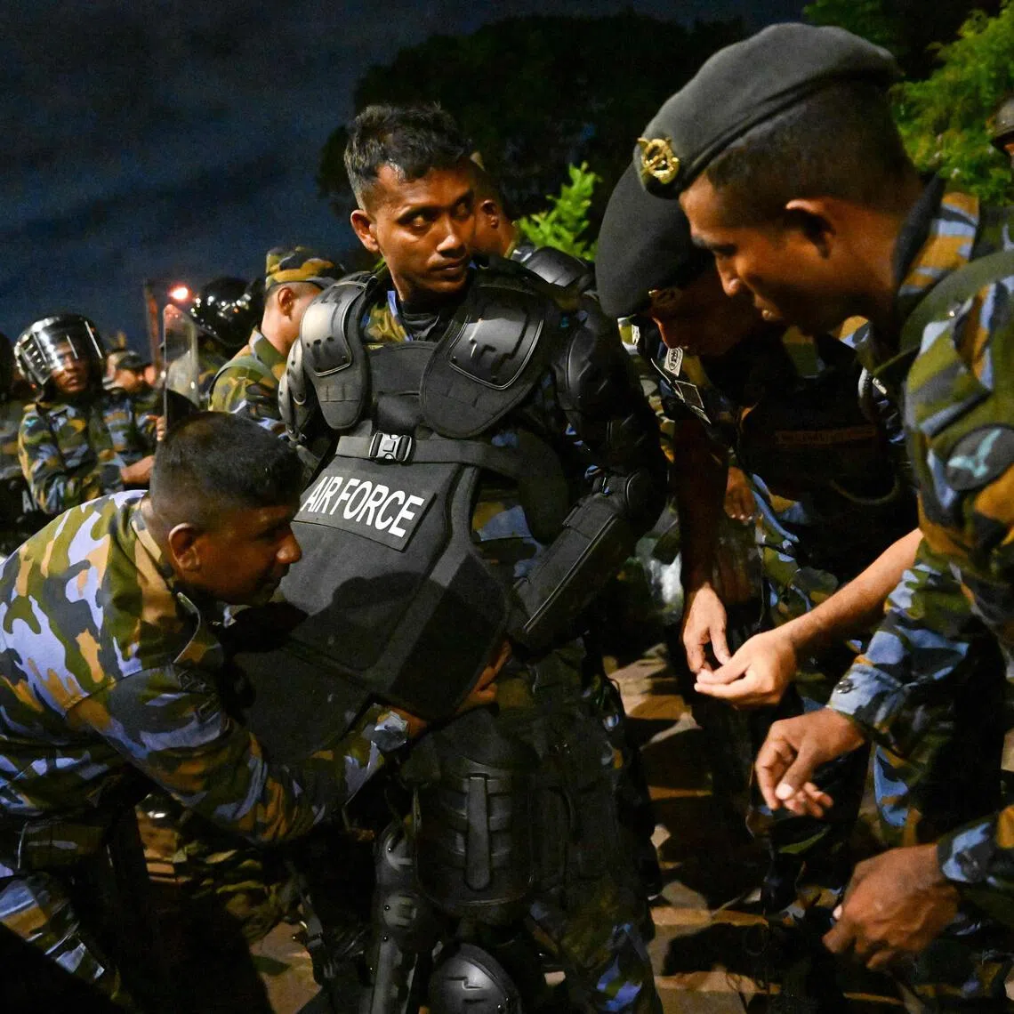 Sri Lanka Air Force soldiers taking up positions outside the country’s main Welikada Prison in the capital Colombo on Aug 7.