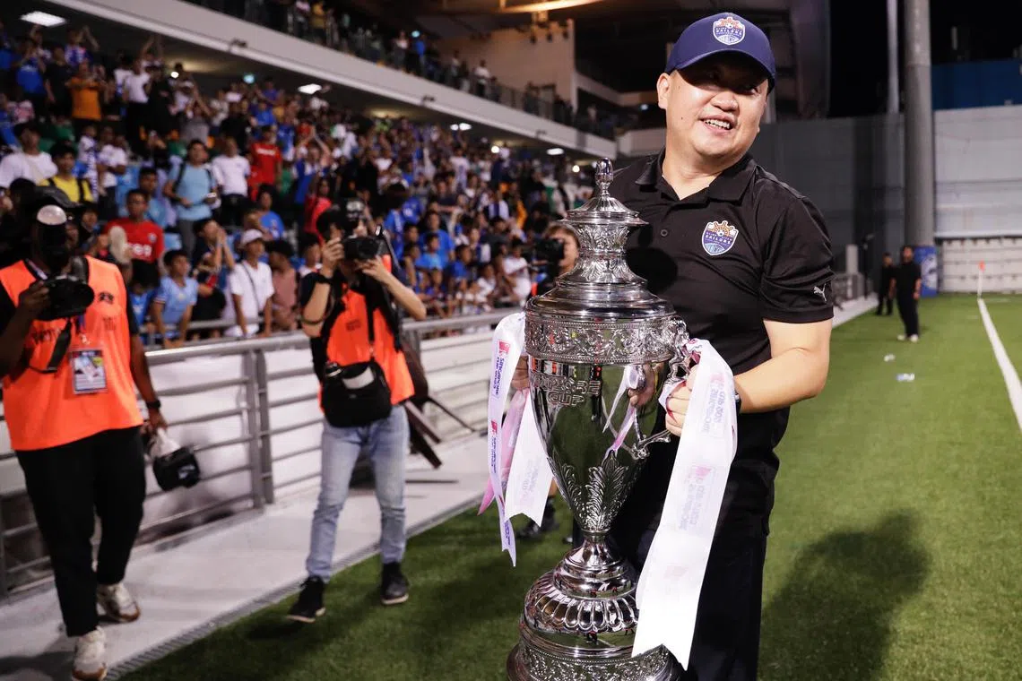 Lion City Sailors chairman Forrest Li celebrating after their Singapore Cup victory over Hougang United in 2023.
