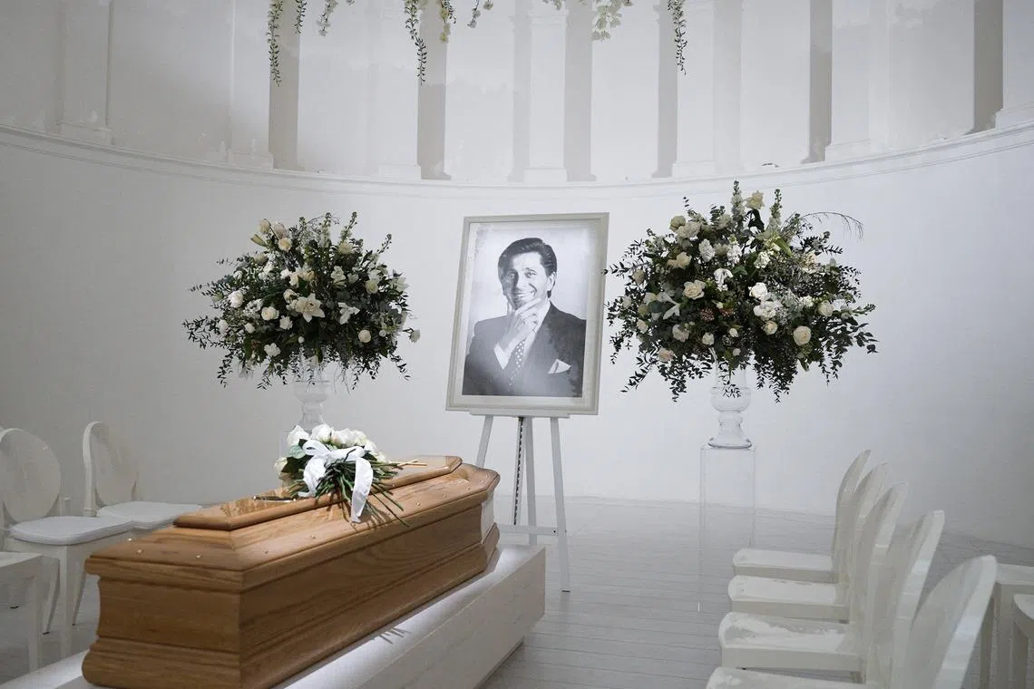 This handout picture released on Jan 21, 2026 by fashion house Valentino's Press Office shows the coffin of Italian fashion designer Valentino Garavani lying-in-state at the PM23 - Valentino Garavani and Giancarlo Giammetti Foundation in Rome., Italy. 