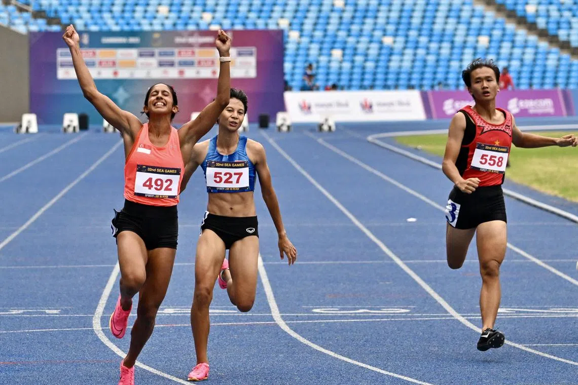 Shanti Pereira can't hide her joy at winning the 100m final on May 12. She is the first Singapore woman to achieve the sprint double. 