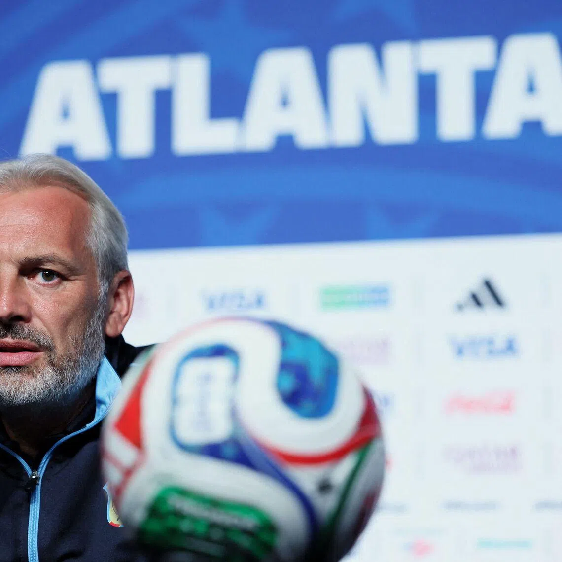Congo DR's French head coach Sebastien Desabre gives an MD-1 press conference at Atlanta Stadium in Atlanta on June 30, 2026, on the eve of the 2026 World Cup round of 32 football match between England and Democratic Republic of the Congo. (Photo by Odd ANDERSEN / AFP)