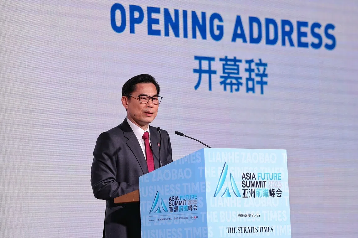 OCBC Group deputy CEO Tan Teck Long delivering the opening address during the Asia Future Summit at The Ritz-Carlton, Millenia Singapore, on Oct 9, 2025. ST PHOTO: KEVIN LIM wkshan09