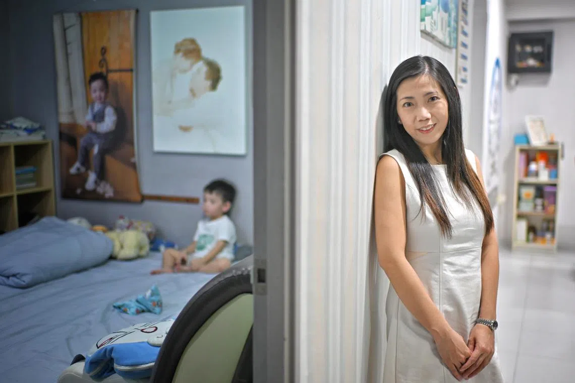 ST20240612_202432757425/azgmg/Shintaro Tay/Zhaki Abdullah/ Ms Stella Mui, a patient with Myasthenia Gravis, a rare chronic Neuro muscular disease, pictured with her two-year-old son Oon Ee Kai in the background, on June 12, 2024. She is featured in Medical Mysteries, a new series on rare diseases.