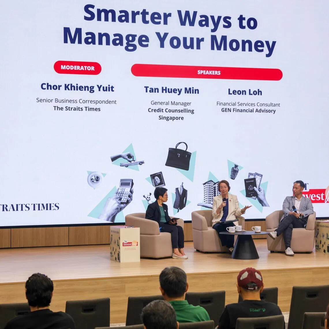 (From left) Straits Times senior correspondent Chor Khieng Yuit, with Tan Huey Min from Credit Counselling Singapore, and Leon Loh from Gen Financial Advisory, at the Straits Times InvestMe session on Sept 17..