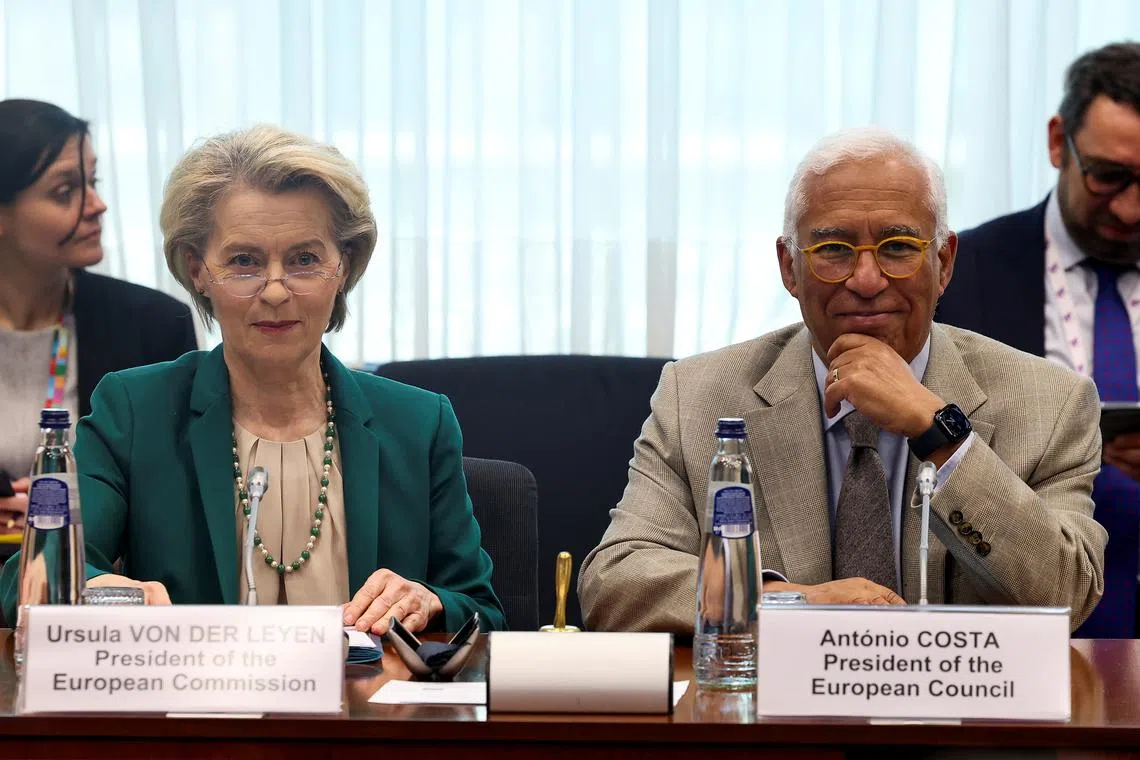 European Council President Antonio Costa and European Commission President Ursula von der Leyen attend a meeting between Europe-wide employers' and workers' unions and industry bodies in Brussels, Belgium, March 19, 2025. REUTERS/Yves Herman/File Photo
