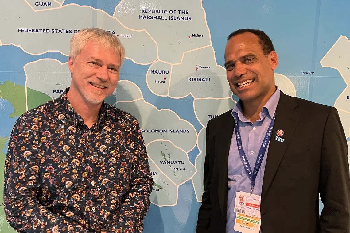 David Fogarty (left), ST's climate change editor with Mr Ralph Regenvanu (right), Vanuatu’s Minister for Climate Change and the Environment at the COP28