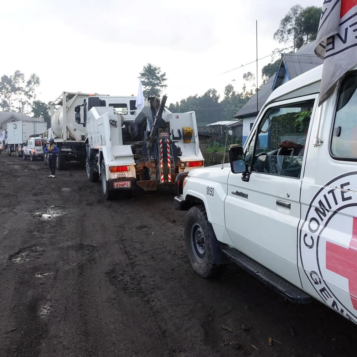 An International Committee of the Red Cross convoy escorts the now-unarmed Congolese soldiers and police officers, as well as their families who sought refuge at the United Nations Organization Stabilization Mission in the Democratic Republic of the Congo (MONUSCO) base since the capture by M23 rebels in January; in Goma, North Kivu province of the Democratic Republic of Congo, April 30, 2025. International Committee of the Red Cross/Handout via REUTERS