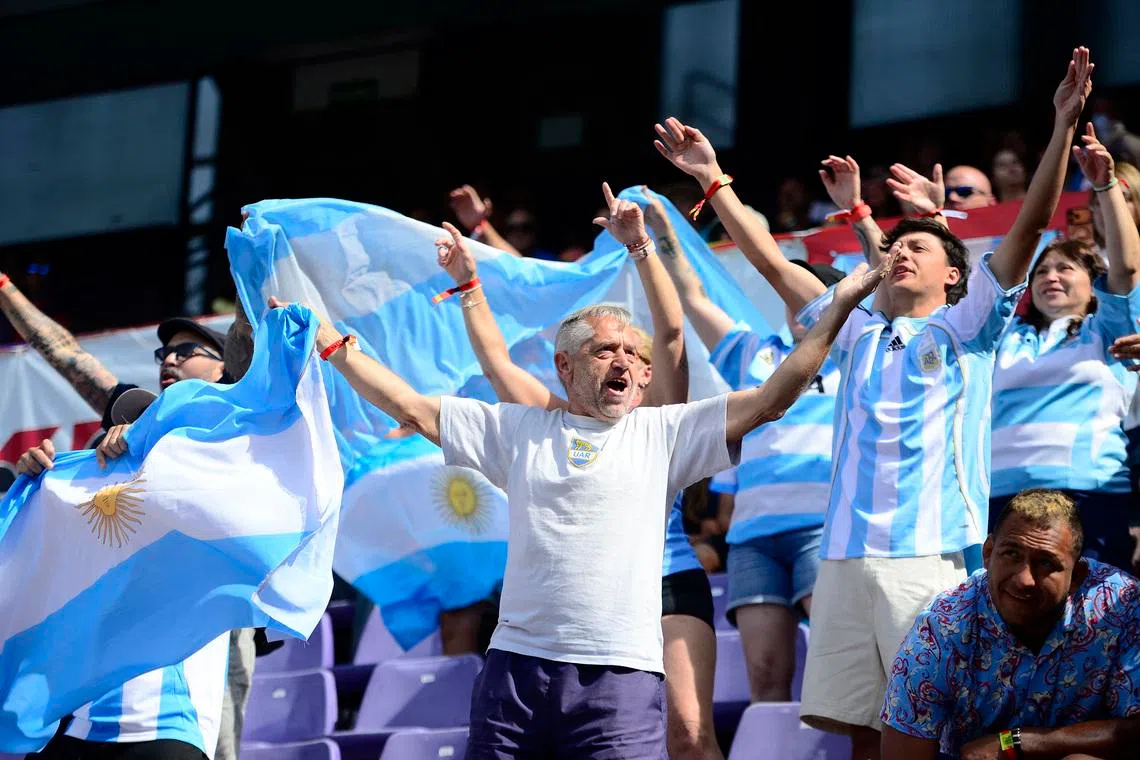 FILE PHOTO: Rugby Union - HSBC Sevens World Championships - Valladolid - Semi Finals - South Africa v Argentina - Estadio Jose Zorrilla, Valladolid, Spain - May 31, 2026 Argentina fans in the stands during the match REUTERS/Juan Barbosa/File Photo