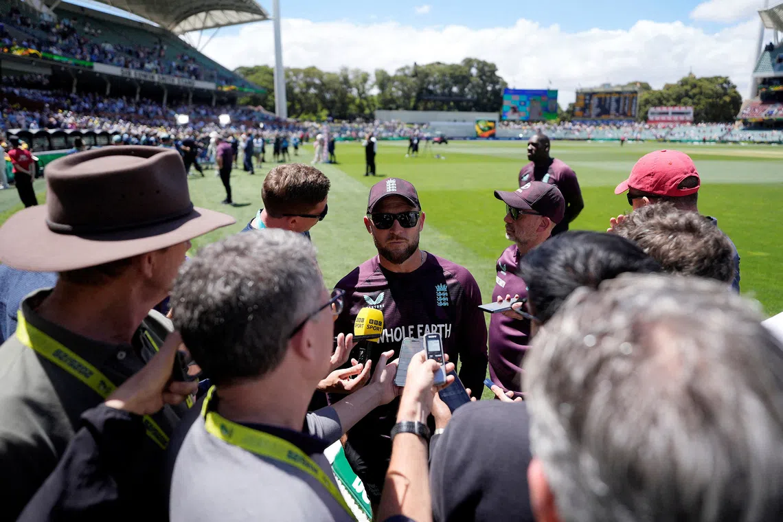 Cricket - The Ashes - Australia v England - Third Test - Adelaide Oval, Adelaide, Australia - December 21, 2025 England head coach Brendon McCullum talks to the press after the match REUTERS/Asanka Brendon Ratnayake