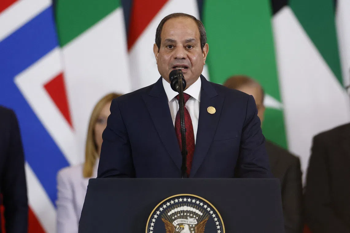 Egypt's President Abdel Fattah al-Sisi speaks during a world leaders' summit on ending the Gaza war, in Sharm el-Sheikh, Egypt, October 13, 2025. Yoan Valat/Pool via REUTERS
