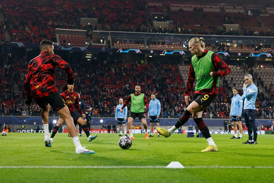Manchester City striker Erling Haaland (right) has failed to score in his last two games, against RB Leipzig and Nottingham Forest.