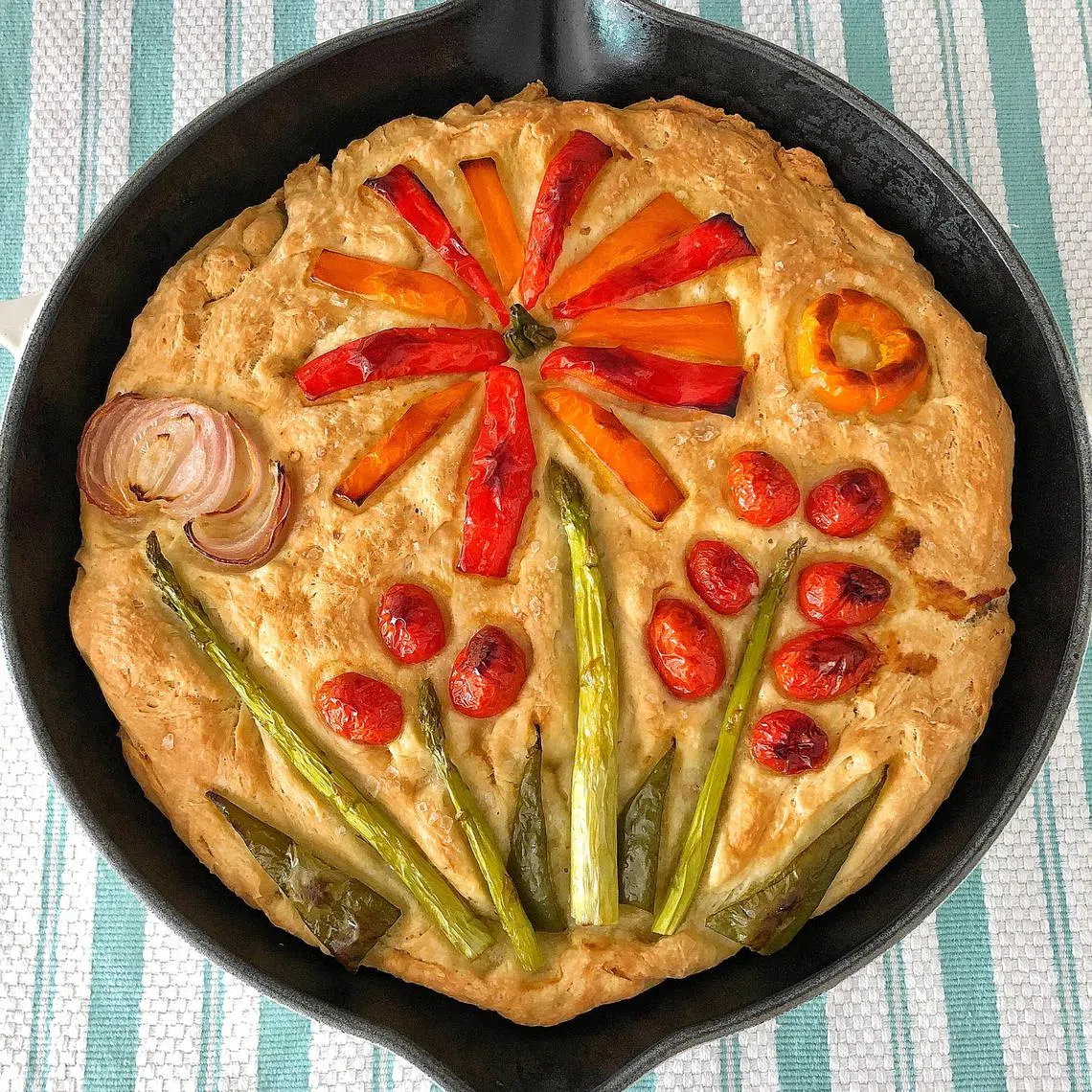 Making garden focaccia - Large pieces of vegetables work better than fiddly slices.