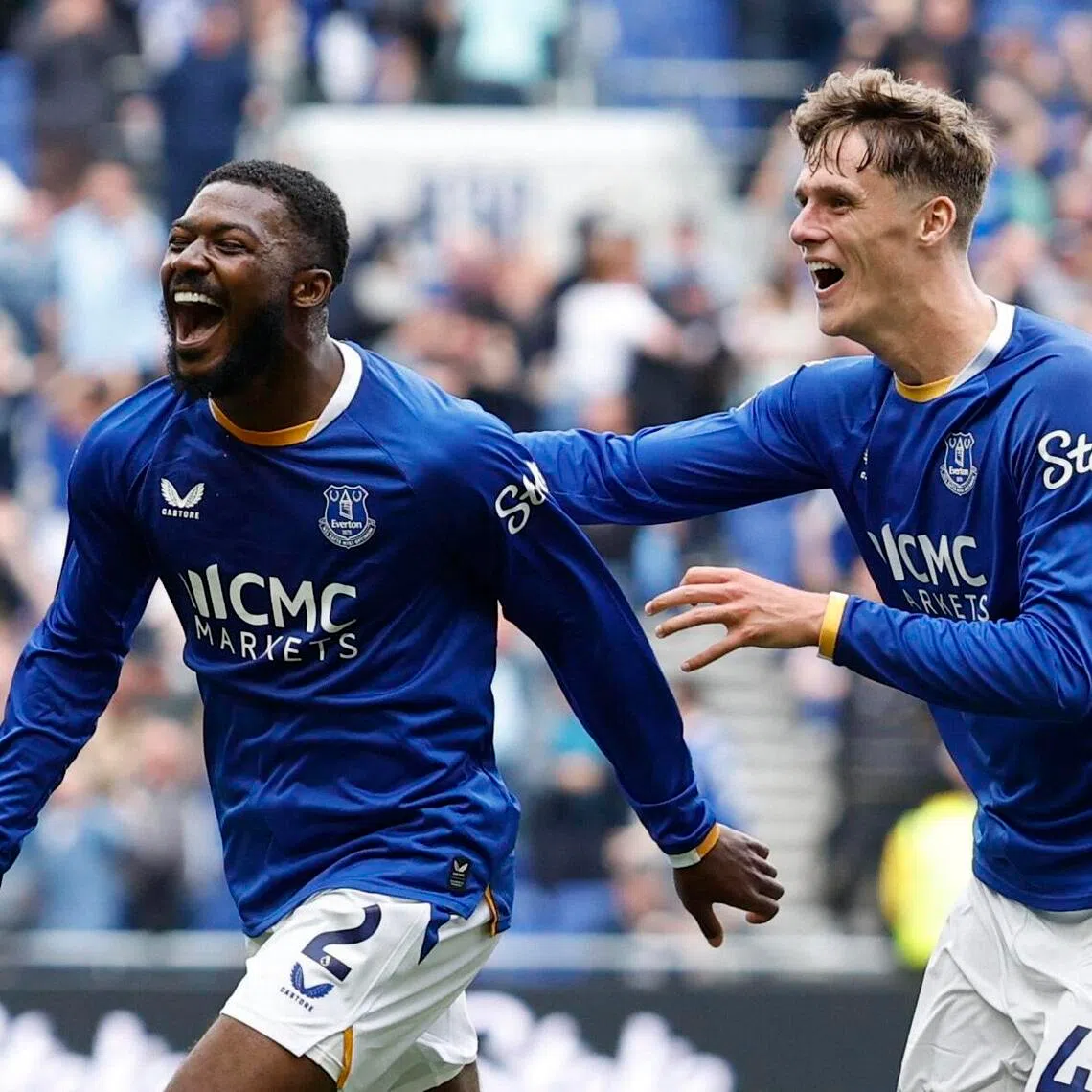 Ainsley Maitland-Niles (left) celebrates scoring Everton’s late equaliser with Harrison Armstrong in the 2-2 English Premier League draw against Manchester United at the Hill Dickinson Stadium in Liverpool on Sept 6, 2026.