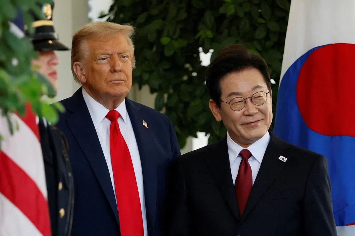 U.S. President Donald Trump welcomes South Korean President Lee Jae Myung at the White House in Washington, D.C., U.S., August 25, 2025. REUTERS/Jonathan Ernst
