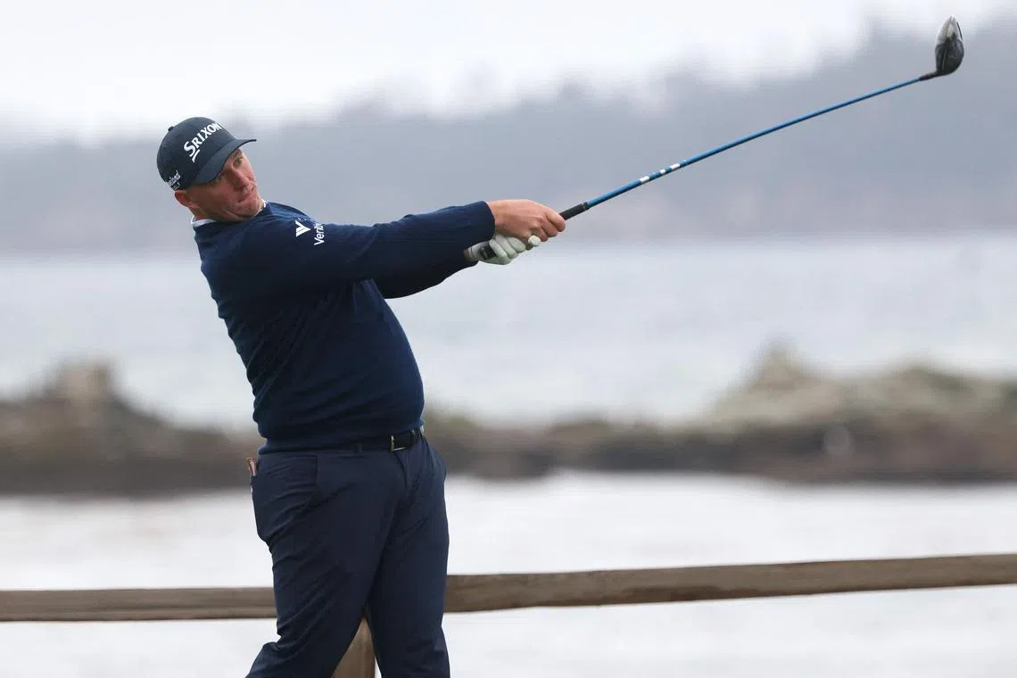 Leader Sepp Straka of Austria playing his shot from the 18th tee during the third round of the Pebble Beach Pro-Am 2025 at Pebble Beach Golf Links on Feb 1 in Pebble Beach, California.