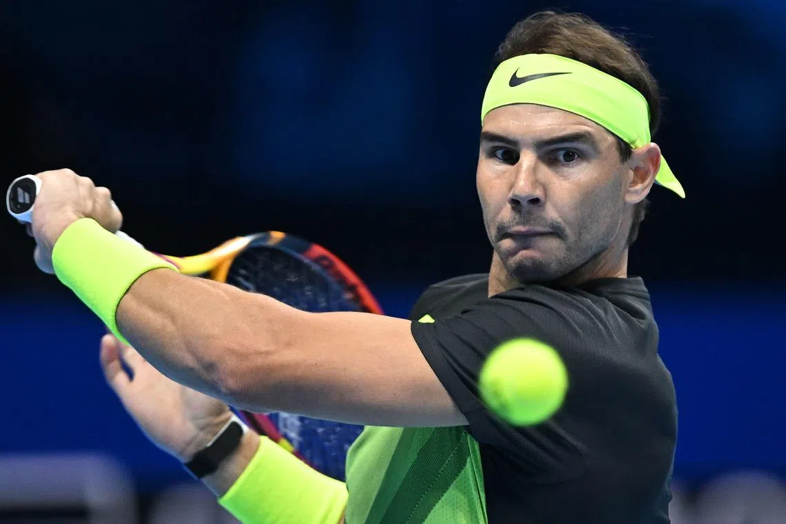 Rafael Nadal in action during a Singles round robin match of the ATP Finals 2022 in Italy on Nov 15, 2022.