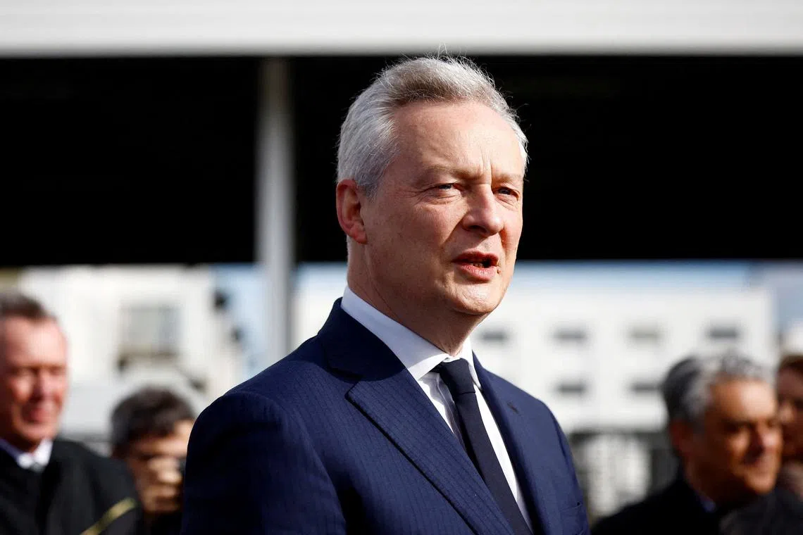 FILE PHOTO: French Minister for Economy, Finance, Industry and Digital Security Bruno Le Maire arrives for a visit at the Renault Sandouville car factory, near Le Havre, France, March 29, 2024. REUTERS/Sarah Meyssonnier/File Photo