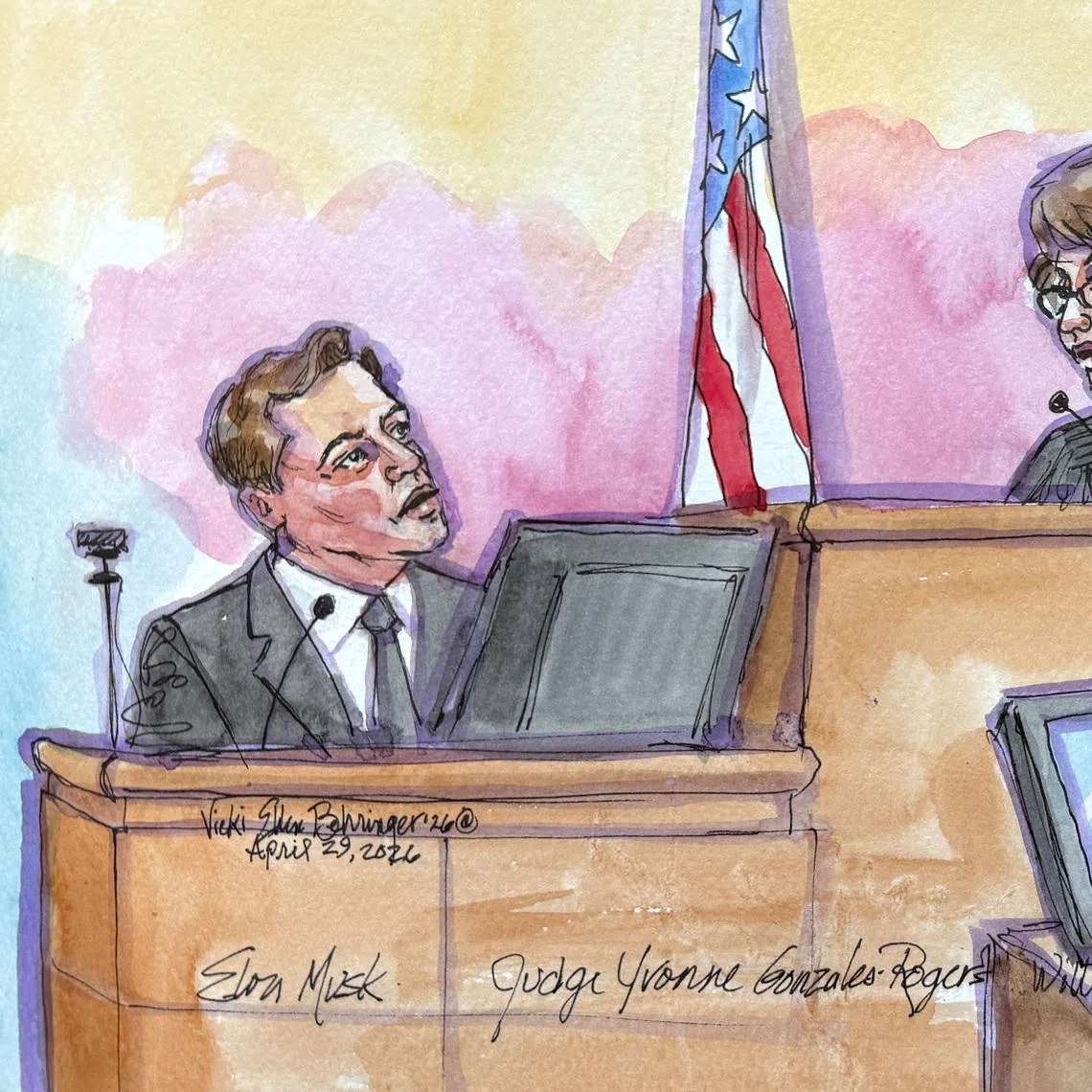 Elon Musk speaking with US District Judge Yvonne Gonzalez Rogers during his cross examination by OpenAI attorney William Savitt as OpenAI CEO Sam Altman watches during the trial at a federal courthouse in Oakland, California.