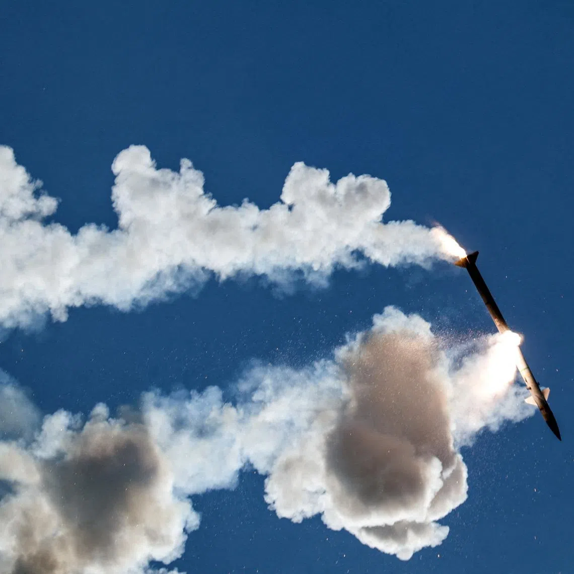 A faulty interceptor missile launched by Israel’s Iron Dome anti-missile system disintegrates above southern Lebanon.