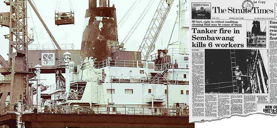 MT Stolt Spur chemical tanker and Straits Times newspaper clipping on the 1992 fire aboard the MT Stolt Spur chemical tanker
