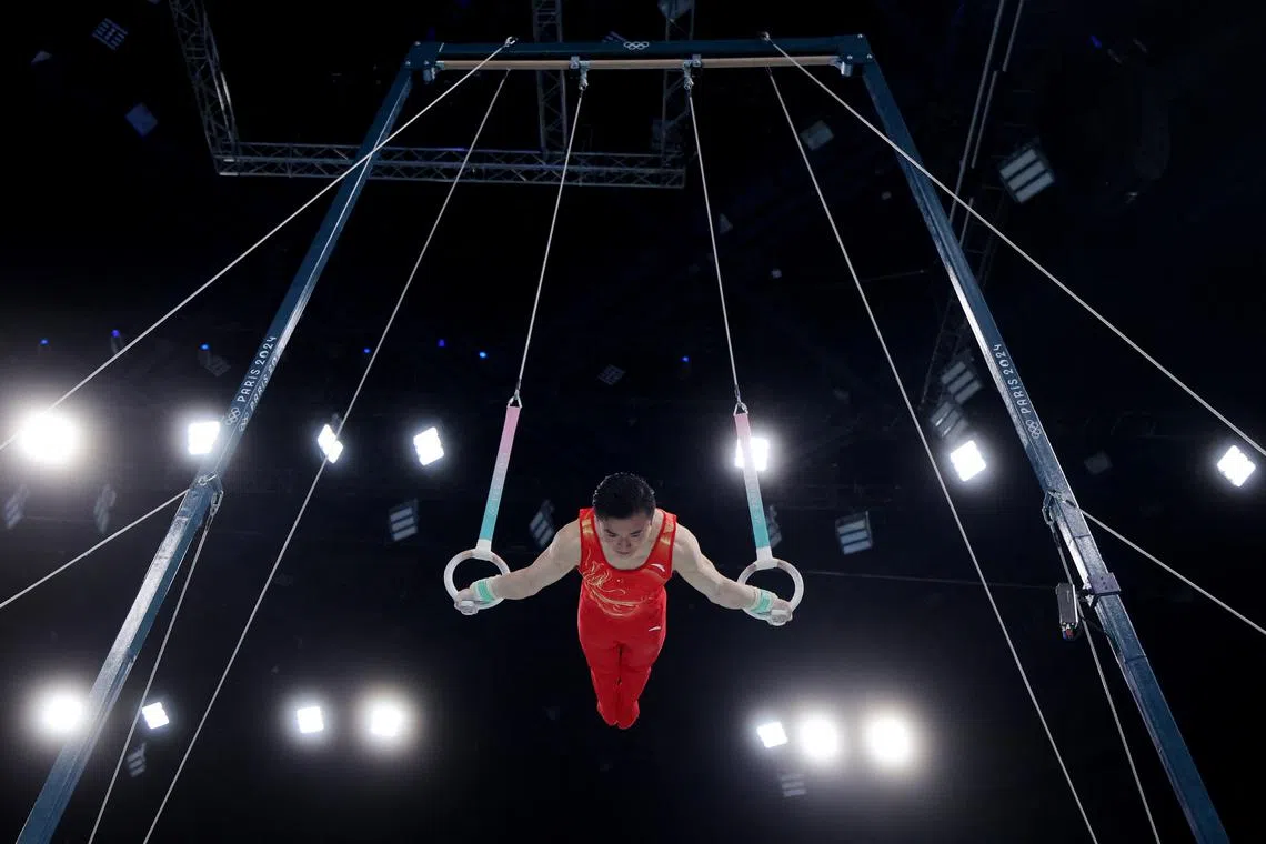 Paris 2024 Olympics - Artistic Gymnastics - Men's Rings Final - Bercy Arena, Paris, France - August 04, 2024. Yang Liu of China in action on the Rings. REUTERS/Amanda Perobelli