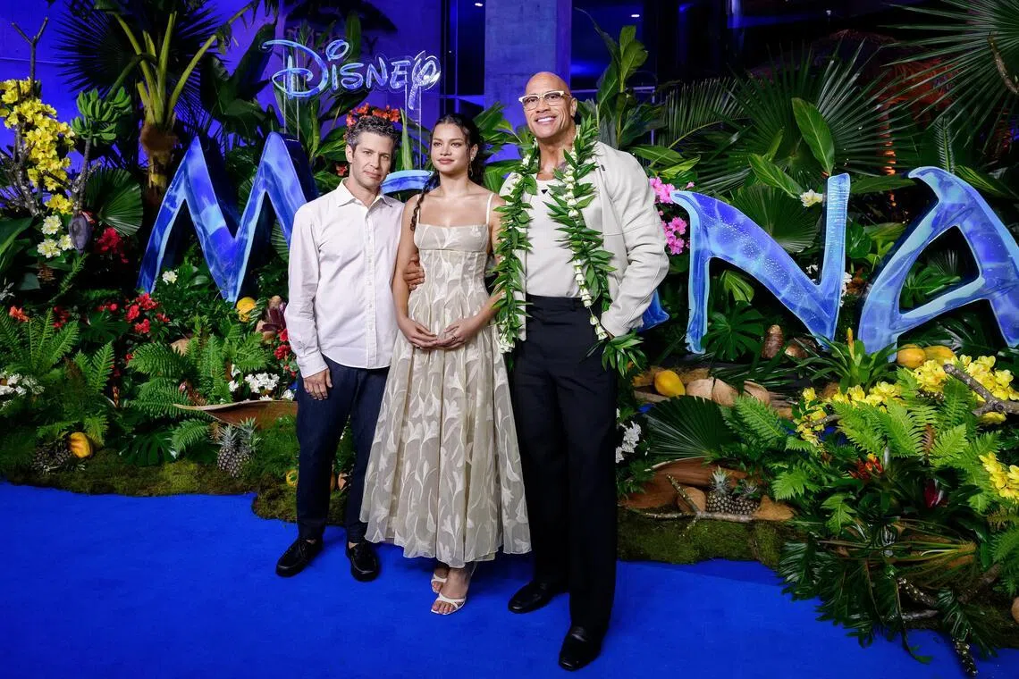 (From left) Thomas Kail, Catherine Laga’aia and Dwayne Johnson at the premiere of Moana in Sydney on June 25.