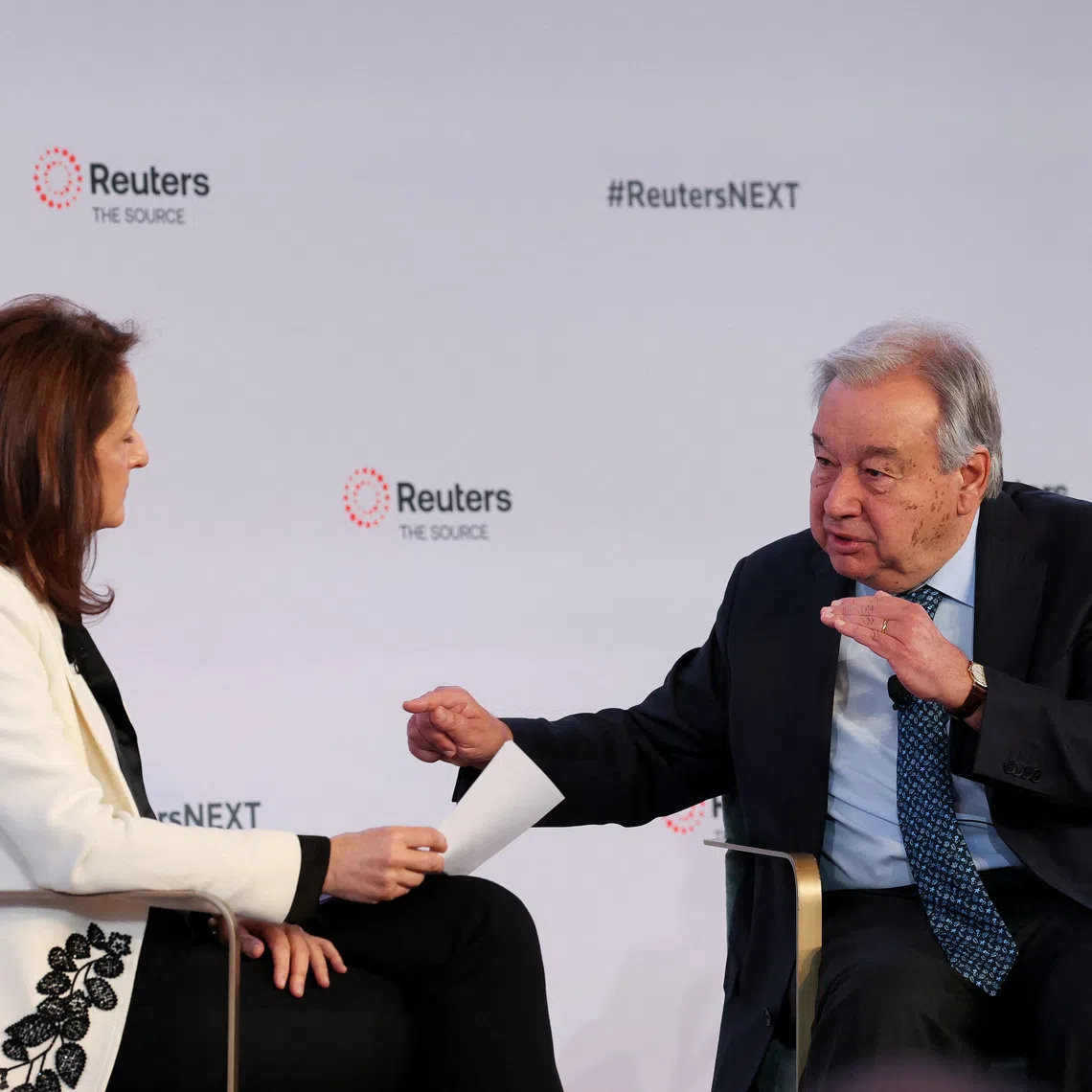 UN Secretary General Antonio Guterres speaks with Reuters Editor-in-Chief Alessandra Galloni during the Reuters NEXT conference, in New York City, New York, U.S., December 3, 2025.  REUTERS/Brendan McDermid