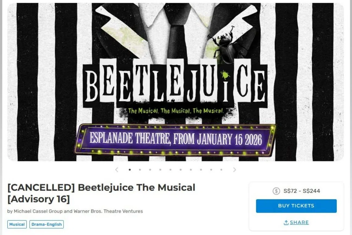 Eight-time Tony Award-nominated Beetlejuice The Musical has been abruptly cancelled less than a month before its run was due to begin at the Esplanade Theatre in January.